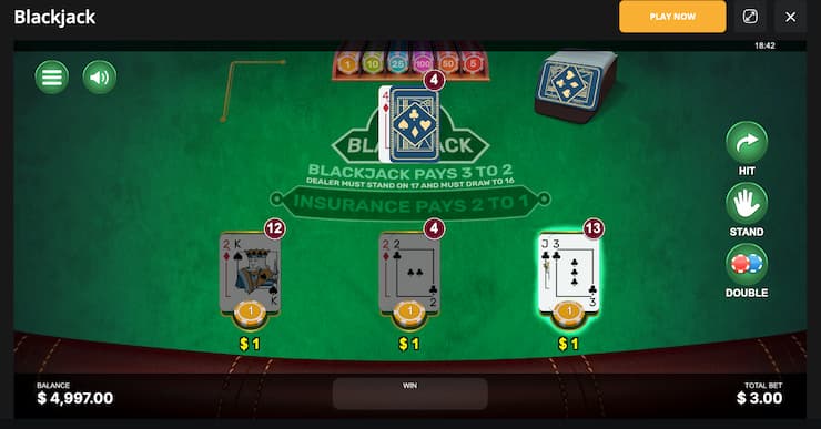 A screenshot from BetWhale showing how to play 21 in terms of hit, stand, and double down options.